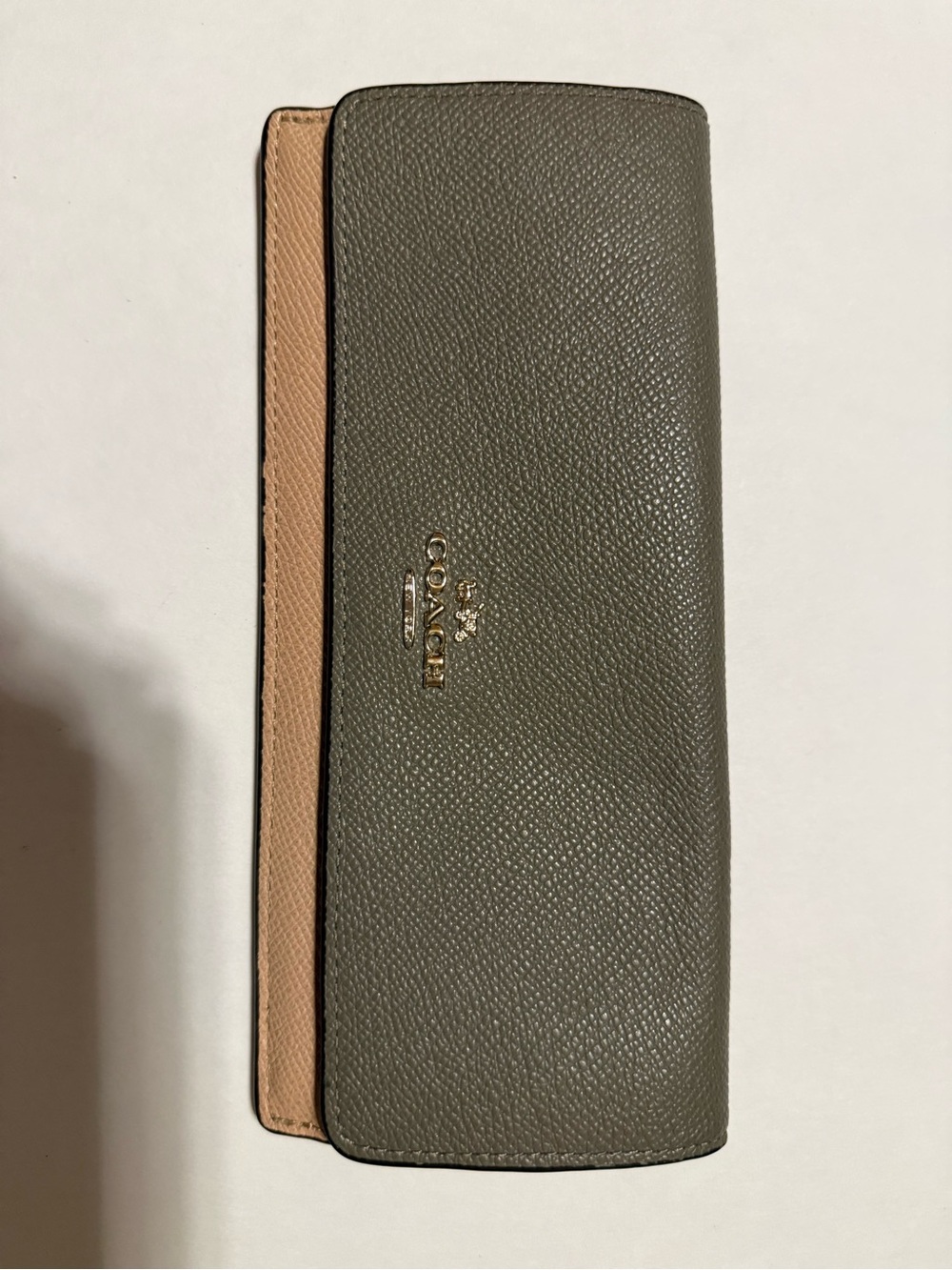 Coach Olive Green Pebbled Leather Continental Wallet with Tan Trim